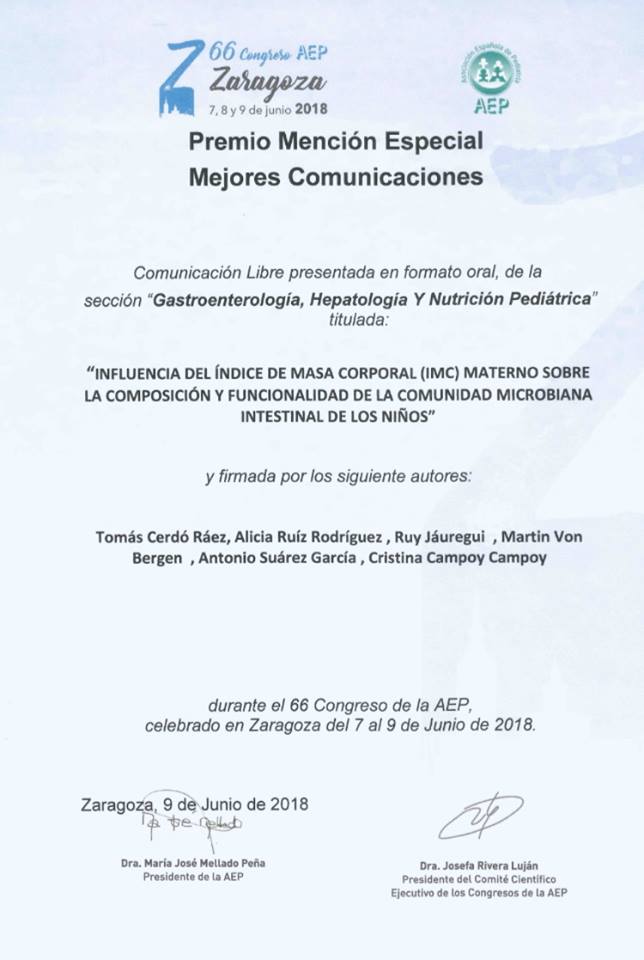 Certificado del premio concedido a Tomás Cerdó y Cristina Campoy