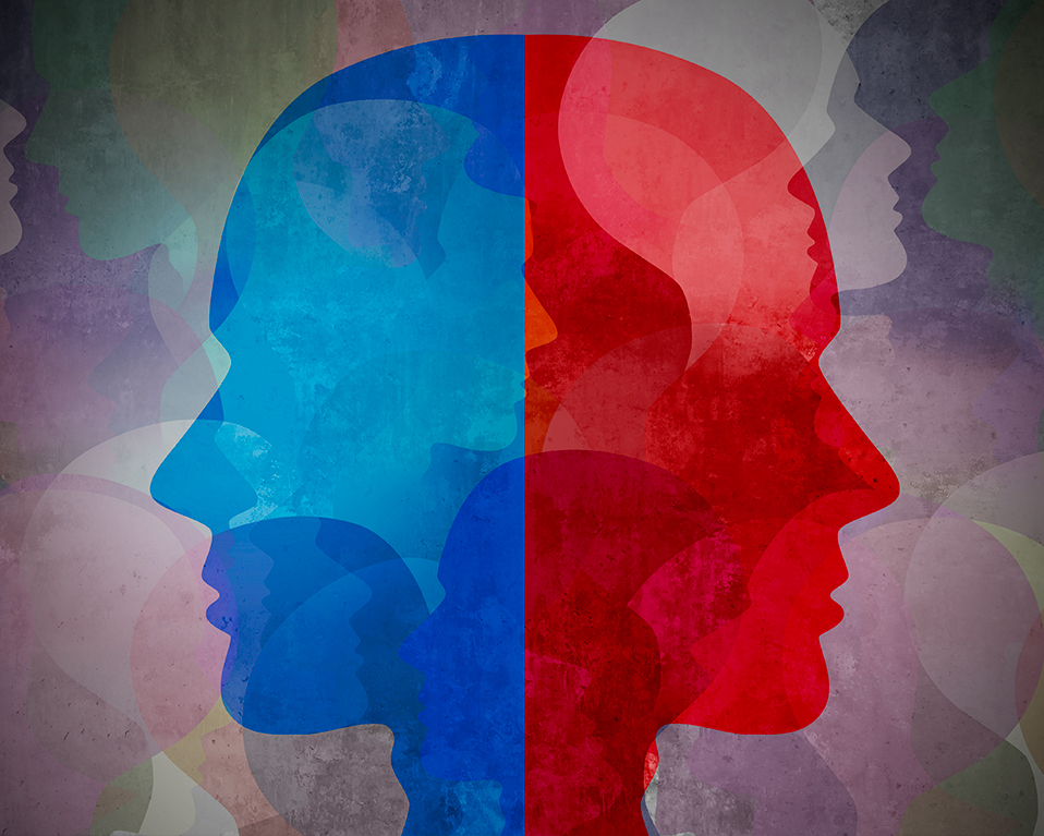 Ilustración en donde aparece dos siluetas humanas del perfil de la cabeza, una hacia la izquierda azul y otra hacia la derecha roja.